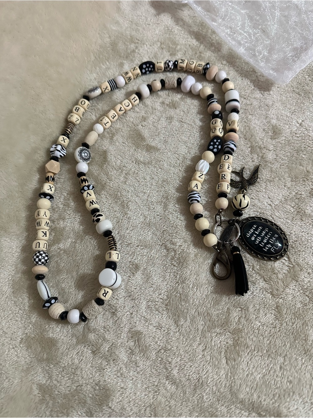 Teacher Themed Beaded Black & Cream Lanyard with Charm Pendant